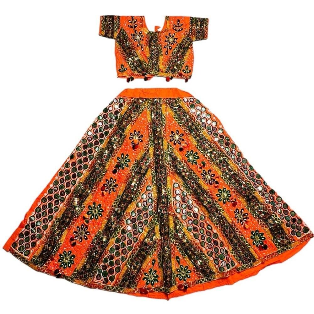 New Orange Cotton Banjara Chaniya Choli from Rajasthan with Mirrors & Embroidery